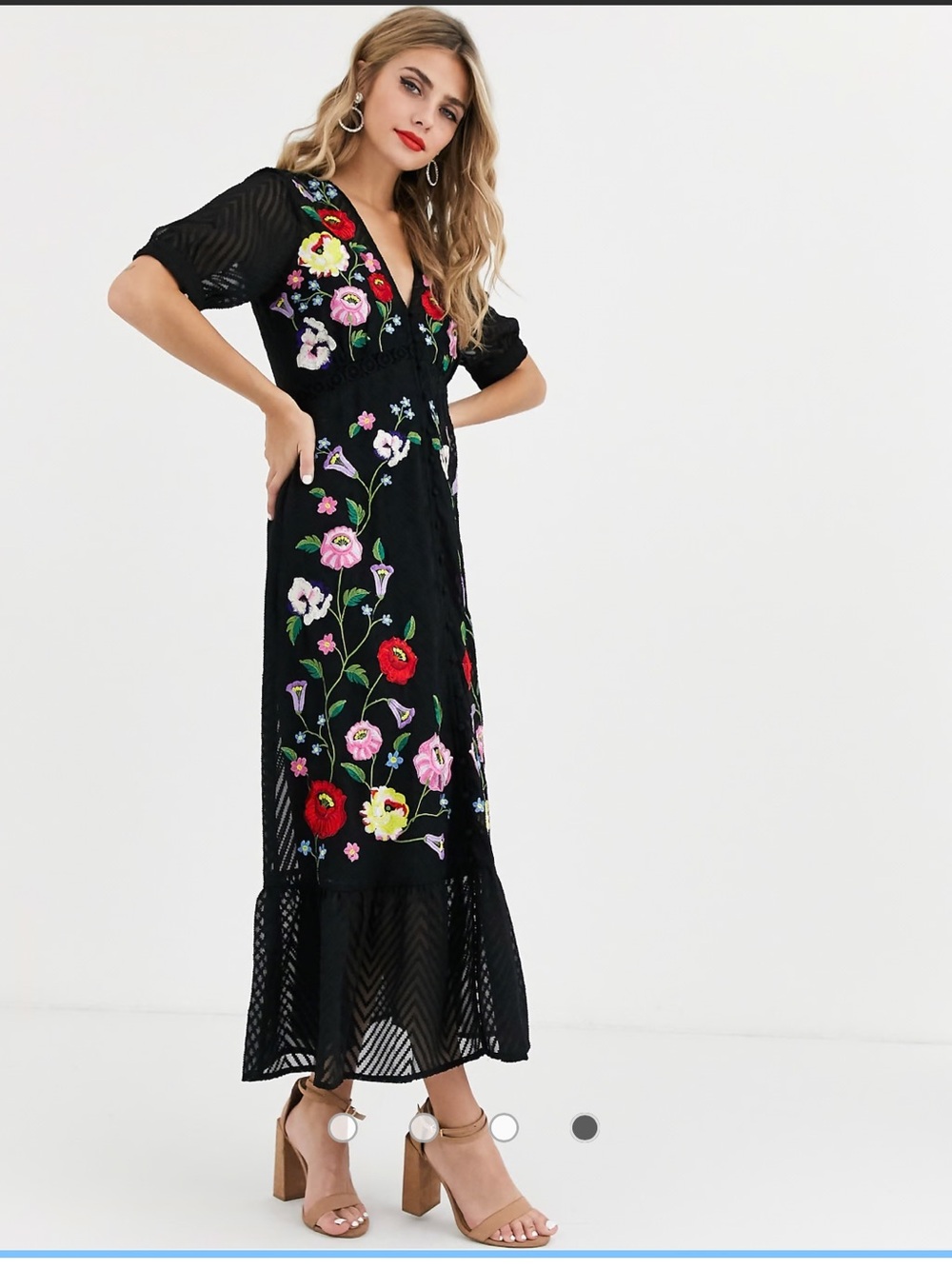 ASOS Black Midi Dress with Multicolor Floral Embroidery - Picture 2 of 4